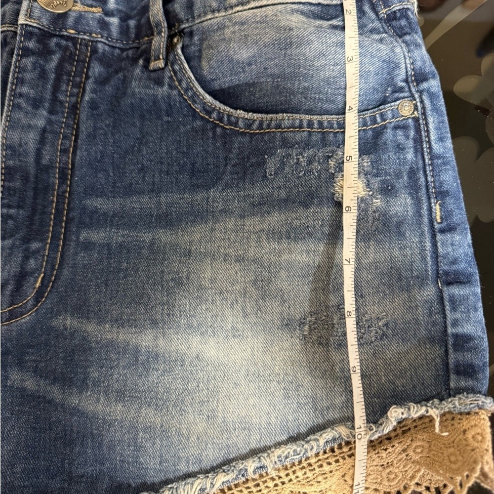 Free People Blue Denim Lace Trim Jean Shorts - Picture 9 of 10